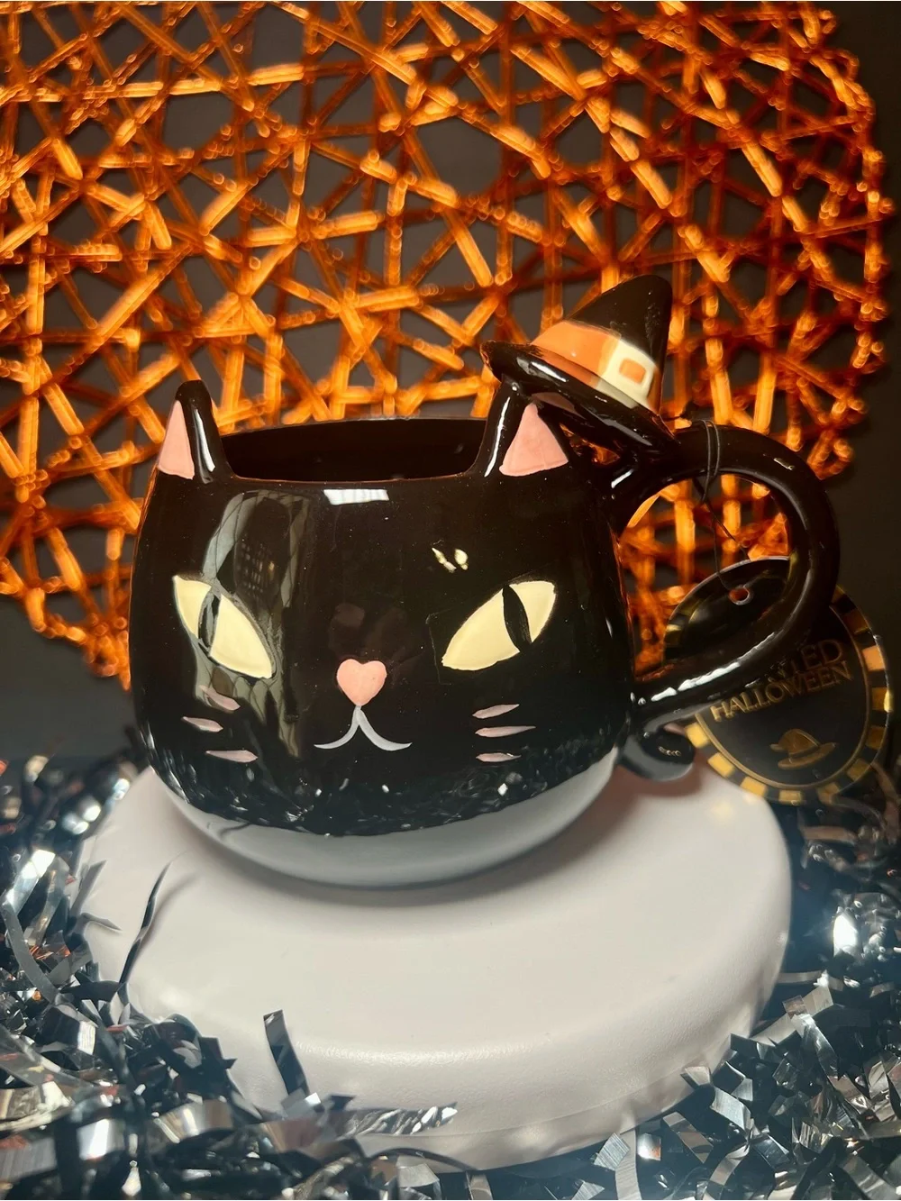 Halloween Black Cat Shaped Ceramic Mug with Witch Hat Handle Kitty Kitten